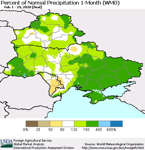 Ukraine, Moldova and Belarus Percent of Normal Precipitation 1-Month (WMO) Thematic Map For 2/1/2020 - 2/29/2020