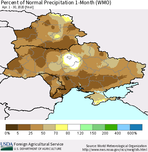 Ukraine, Moldova and Belarus Percent of Normal Precipitation 1-Month (WMO) Thematic Map For 4/1/2020 - 4/30/2020