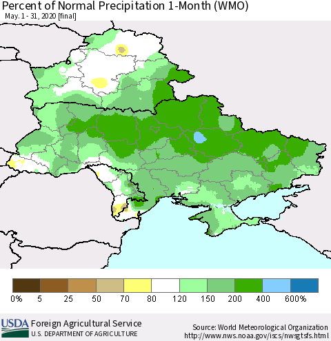 Ukraine, Moldova and Belarus Percent of Normal Precipitation 1-Month (WMO) Thematic Map For 5/1/2020 - 5/31/2020
