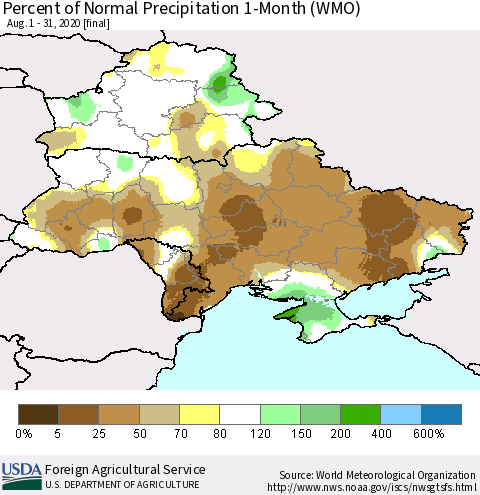 Ukraine, Moldova and Belarus Percent of Normal Precipitation 1-Month (WMO) Thematic Map For 8/1/2020 - 8/31/2020