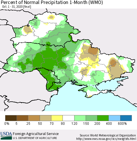 Ukraine, Moldova and Belarus Percent of Normal Precipitation 1-Month (WMO) Thematic Map For 10/1/2020 - 10/31/2020