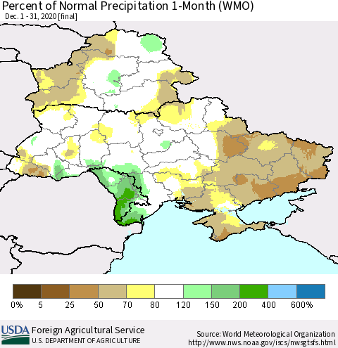 Ukraine, Moldova and Belarus Percent of Normal Precipitation 1-Month (WMO) Thematic Map For 12/1/2020 - 12/31/2020