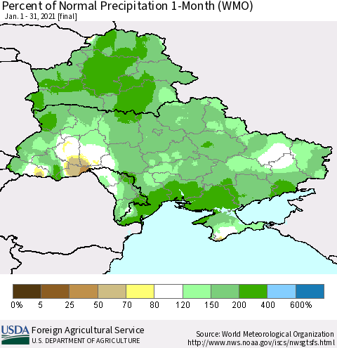 Ukraine, Moldova and Belarus Percent of Normal Precipitation 1-Month (WMO) Thematic Map For 1/1/2021 - 1/31/2021