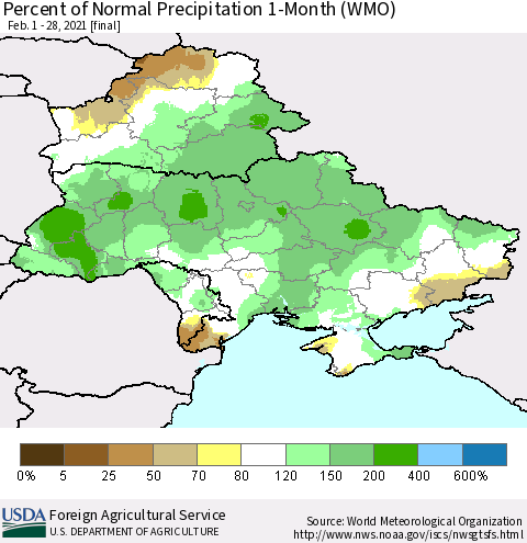 Ukraine, Moldova and Belarus Percent of Normal Precipitation 1-Month (WMO) Thematic Map For 2/1/2021 - 2/28/2021