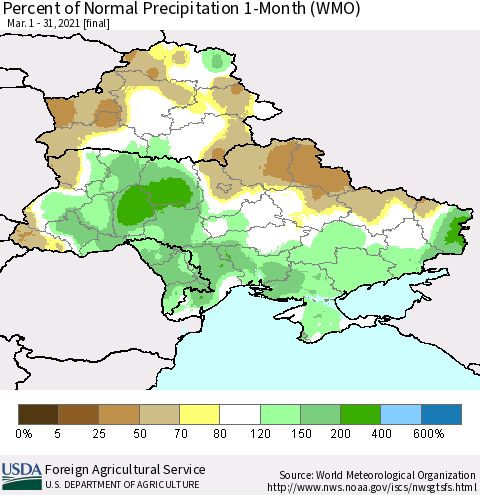 Ukraine, Moldova and Belarus Percent of Normal Precipitation 1-Month (WMO) Thematic Map For 3/1/2021 - 3/31/2021