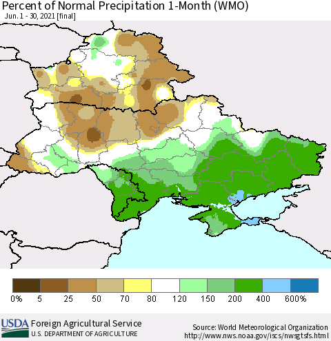 Ukraine, Moldova and Belarus Percent of Normal Precipitation 1-Month (WMO) Thematic Map For 6/1/2021 - 6/30/2021