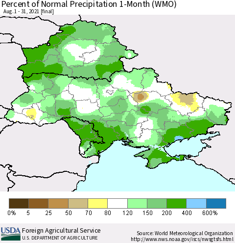 Ukraine, Moldova and Belarus Percent of Normal Precipitation 1-Month (WMO) Thematic Map For 8/1/2021 - 8/31/2021