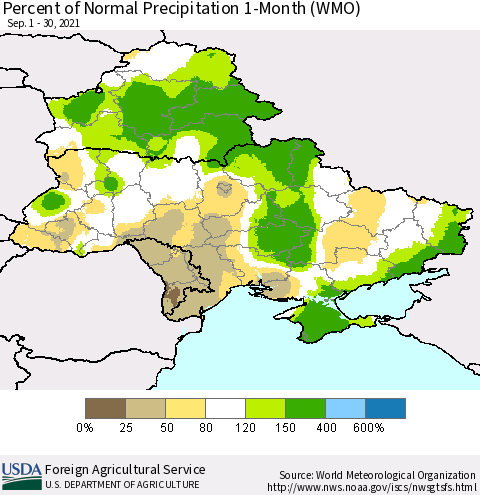 Ukraine, Moldova and Belarus Percent of Normal Precipitation 1-Month (WMO) Thematic Map For 9/1/2021 - 9/30/2021