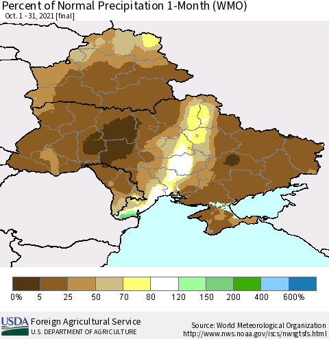 Ukraine, Moldova and Belarus Percent of Normal Precipitation 1-Month (WMO) Thematic Map For 10/1/2021 - 10/31/2021
