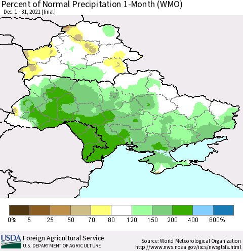 Ukraine, Moldova and Belarus Percent of Normal Precipitation 1-Month (WMO) Thematic Map For 12/1/2021 - 12/31/2021