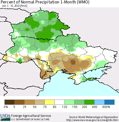 Ukraine, Moldova and Belarus Percent of Normal Precipitation 1-Month (WMO) Thematic Map For 1/1/2022 - 1/31/2022