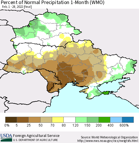 Ukraine, Moldova and Belarus Percent of Normal Precipitation 1-Month (WMO) Thematic Map For 2/1/2022 - 2/28/2022