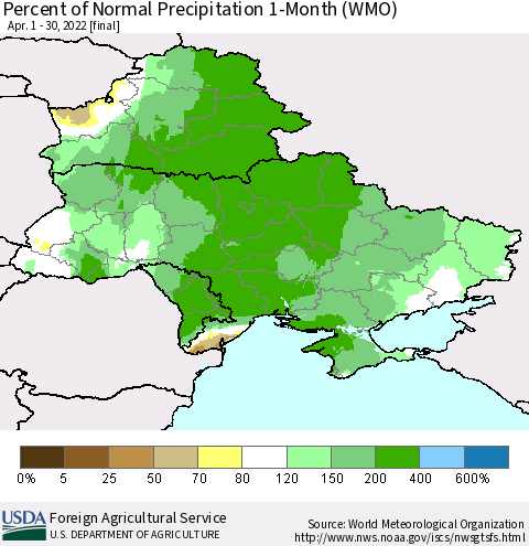 Ukraine, Moldova and Belarus Percent of Normal Precipitation 1-Month (WMO) Thematic Map For 4/1/2022 - 4/30/2022