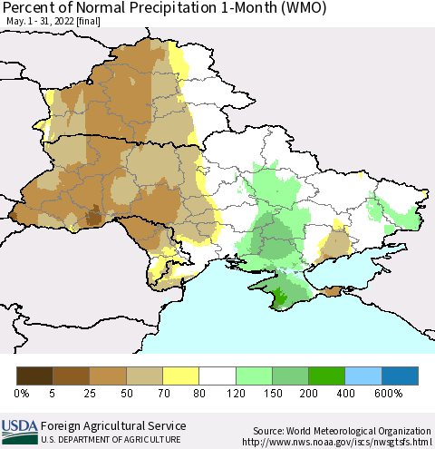 Ukraine, Moldova and Belarus Percent of Normal Precipitation 1-Month (WMO) Thematic Map For 5/1/2022 - 5/31/2022