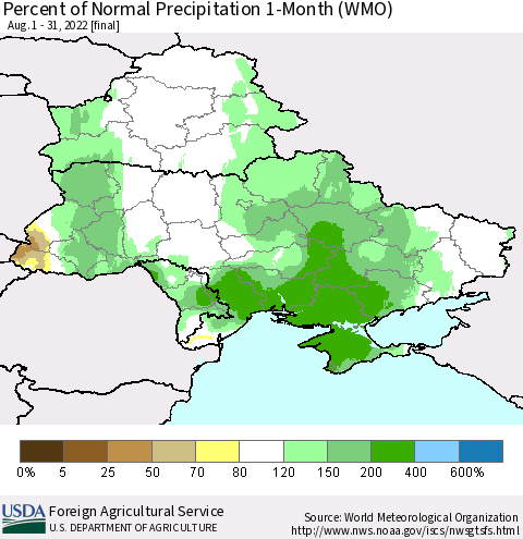 Ukraine, Moldova and Belarus Percent of Normal Precipitation 1-Month (WMO) Thematic Map For 8/1/2022 - 8/31/2022