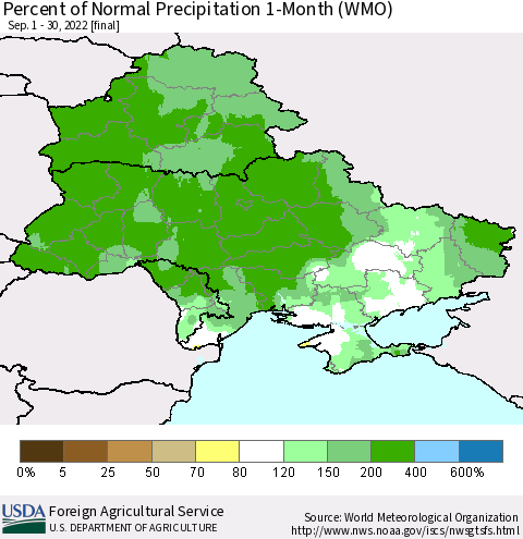 Ukraine, Moldova and Belarus Percent of Normal Precipitation 1-Month (WMO) Thematic Map For 9/1/2022 - 9/30/2022