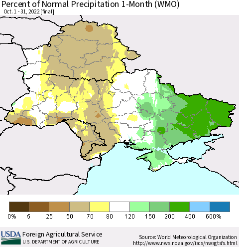 Ukraine, Moldova and Belarus Percent of Normal Precipitation 1-Month (WMO) Thematic Map For 10/1/2022 - 10/31/2022