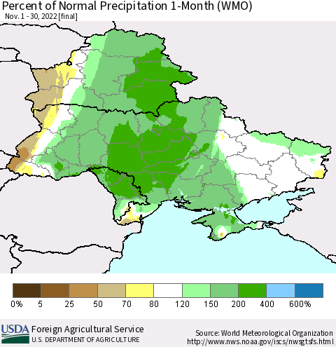 Ukraine, Moldova and Belarus Percent of Normal Precipitation 1-Month (WMO) Thematic Map For 11/1/2022 - 11/30/2022