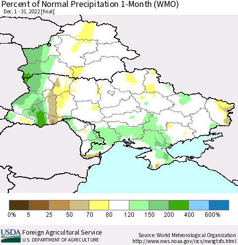 Ukraine, Moldova and Belarus Percent of Normal Precipitation 1-Month (WMO) Thematic Map For 12/1/2022 - 12/31/2022