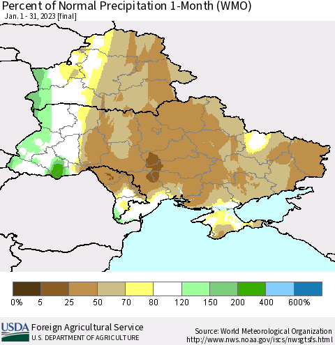 Ukraine, Moldova and Belarus Percent of Normal Precipitation 1-Month (WMO) Thematic Map For 1/1/2023 - 1/31/2023