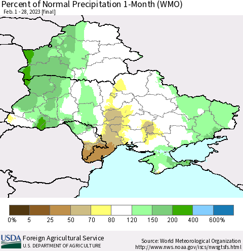 Ukraine, Moldova and Belarus Percent of Normal Precipitation 1-Month (WMO) Thematic Map For 2/1/2023 - 2/28/2023