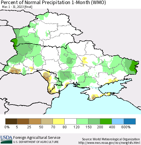 Ukraine, Moldova and Belarus Percent of Normal Precipitation 1-Month (WMO) Thematic Map For 3/1/2023 - 3/31/2023
