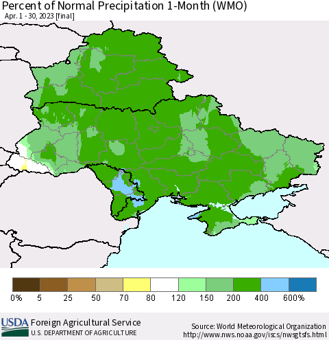 Ukraine, Moldova and Belarus Percent of Normal Precipitation 1-Month (WMO) Thematic Map For 4/1/2023 - 4/30/2023
