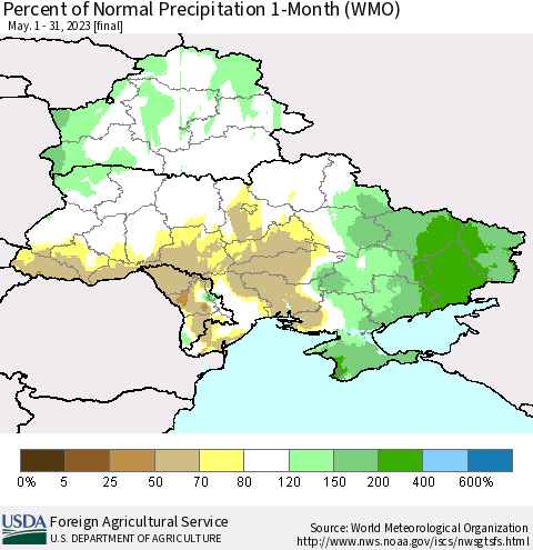Ukraine, Moldova and Belarus Percent of Normal Precipitation 1-Month (WMO) Thematic Map For 5/1/2023 - 5/31/2023