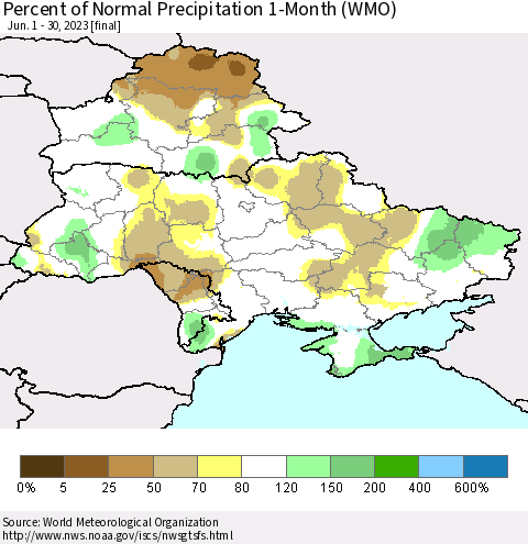 Ukraine, Moldova and Belarus Percent of Normal Precipitation 1-Month (WMO) Thematic Map For 6/1/2023 - 6/30/2023