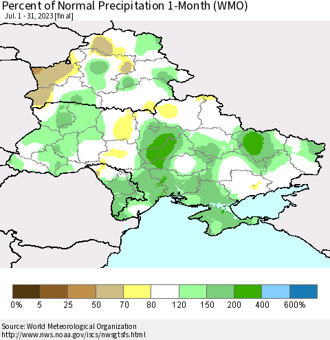 Ukraine, Moldova and Belarus Percent of Normal Precipitation 1-Month (WMO) Thematic Map For 7/1/2023 - 7/31/2023