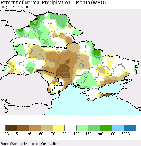 Ukraine, Moldova and Belarus Percent of Normal Precipitation 1-Month (WMO) Thematic Map For 8/1/2023 - 8/31/2023