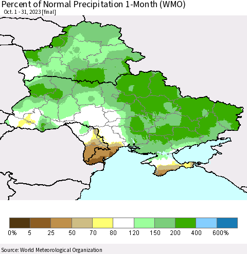 Ukraine, Moldova and Belarus Percent of Normal Precipitation 1-Month (WMO) Thematic Map For 10/1/2023 - 10/31/2023