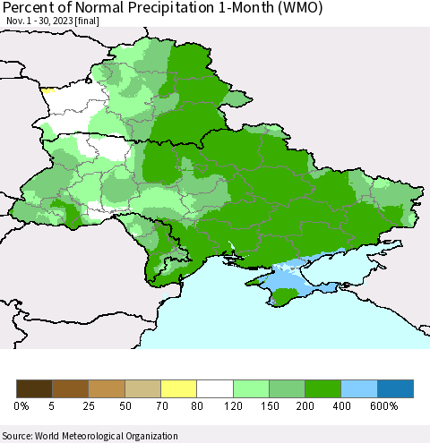 Ukraine, Moldova and Belarus Percent of Normal Precipitation 1-Month (WMO) Thematic Map For 11/1/2023 - 11/30/2023