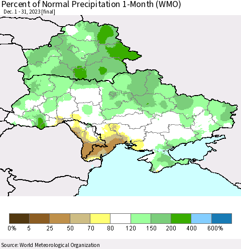 Ukraine, Moldova and Belarus Percent of Normal Precipitation 1-Month (WMO) Thematic Map For 12/1/2023 - 12/31/2023