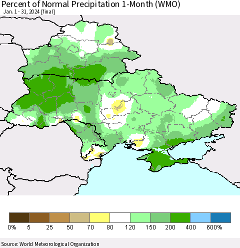 Ukraine, Moldova and Belarus Percent of Normal Precipitation 1-Month (WMO) Thematic Map For 1/1/2024 - 1/31/2024