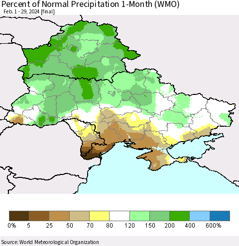 Ukraine, Moldova and Belarus Percent of Normal Precipitation 1-Month (WMO) Thematic Map For 2/1/2024 - 2/29/2024