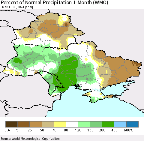 Ukraine, Moldova and Belarus Percent of Normal Precipitation 1-Month (WMO) Thematic Map For 3/1/2024 - 3/31/2024