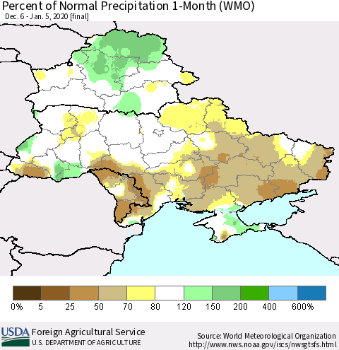 Ukraine, Moldova and Belarus Percent of Normal Precipitation 1-Month (WMO) Thematic Map For 12/6/2019 - 1/5/2020