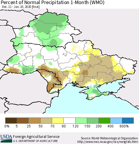 Ukraine, Moldova and Belarus Percent of Normal Precipitation 1-Month (WMO) Thematic Map For 12/11/2019 - 1/10/2020