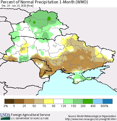 Ukraine, Moldova and Belarus Percent of Normal Precipitation 1-Month (WMO) Thematic Map For 12/16/2019 - 1/15/2020