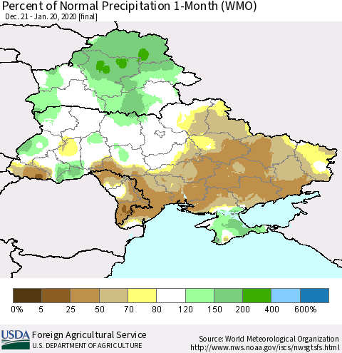 Ukraine, Moldova and Belarus Percent of Normal Precipitation 1-Month (WMO) Thematic Map For 12/21/2019 - 1/20/2020