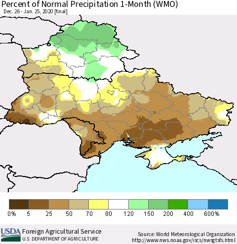 Ukraine, Moldova and Belarus Percent of Normal Precipitation 1-Month (WMO) Thematic Map For 12/26/2019 - 1/25/2020