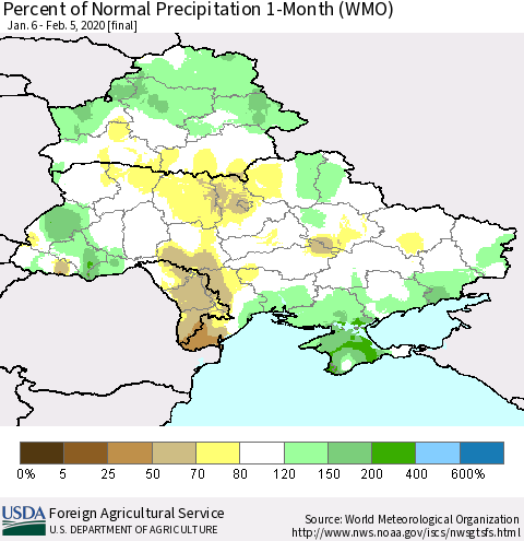 Ukraine, Moldova and Belarus Percent of Normal Precipitation 1-Month (WMO) Thematic Map For 1/6/2020 - 2/5/2020