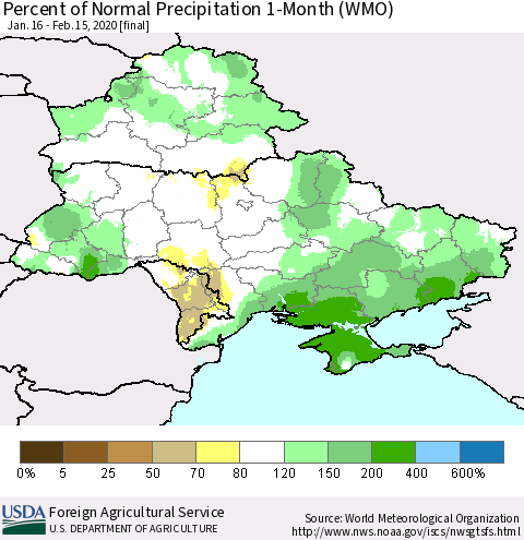 Ukraine, Moldova and Belarus Percent of Normal Precipitation 1-Month (WMO) Thematic Map For 1/16/2020 - 2/15/2020