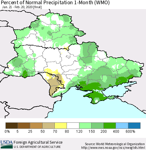 Ukraine, Moldova and Belarus Percent of Normal Precipitation 1-Month (WMO) Thematic Map For 1/21/2020 - 2/20/2020