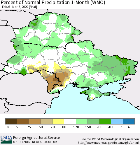 Ukraine, Moldova and Belarus Percent of Normal Precipitation 1-Month (WMO) Thematic Map For 2/6/2020 - 3/5/2020