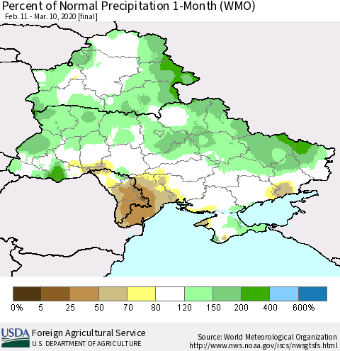 Ukraine, Moldova and Belarus Percent of Normal Precipitation 1-Month (WMO) Thematic Map For 2/11/2020 - 3/10/2020