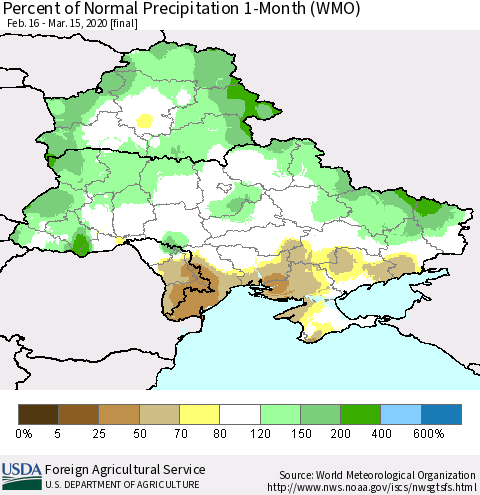 Ukraine, Moldova and Belarus Percent of Normal Precipitation 1-Month (WMO) Thematic Map For 2/16/2020 - 3/15/2020