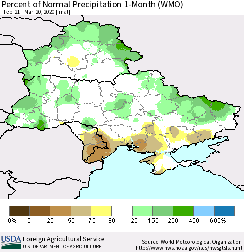 Ukraine, Moldova and Belarus Percent of Normal Precipitation 1-Month (WMO) Thematic Map For 2/21/2020 - 3/20/2020