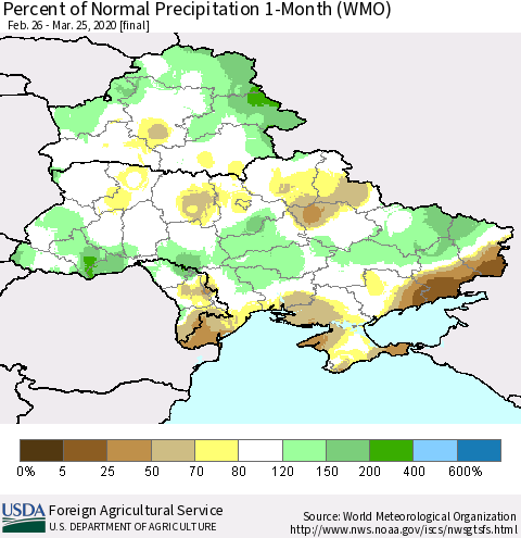 Ukraine, Moldova and Belarus Percent of Normal Precipitation 1-Month (WMO) Thematic Map For 2/26/2020 - 3/25/2020